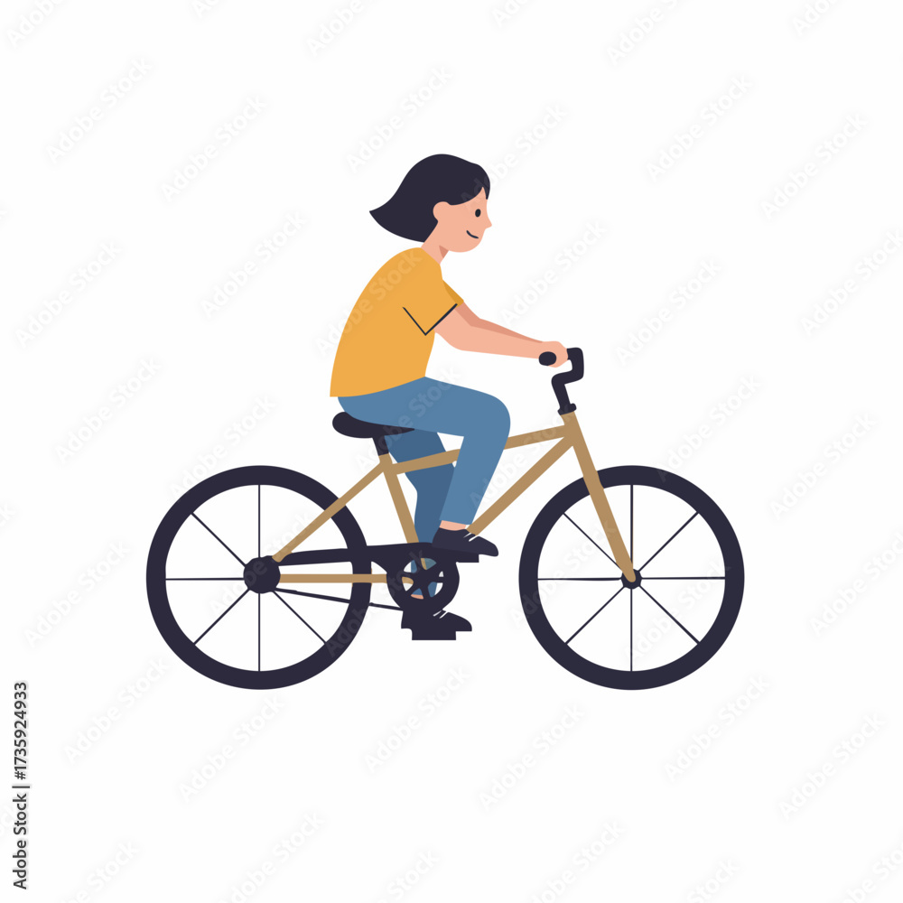 Naklejka premium Flat Illustration of Cheerful Girl Riding Bicycle on White Background