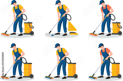 Vacuuming worker vector set with cleaning cart, mop, bucket, vacuum cleaner, uniform, hygiene tools, janitor service, professional illustration