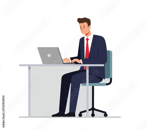 “Flat illustration of businessman working on laptop at desk, simple modern minimal style, solid background, vector-friendly, commercial stock design.”