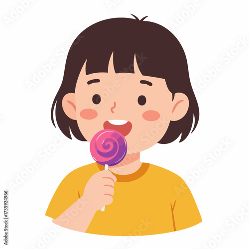 Flat Cartoon Illustration of Cute Girl Eating a Swirl Lollipop