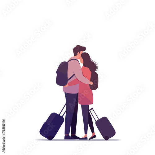 Flat Style Romantic Couple Embracing Each Other While Traveling Illustration