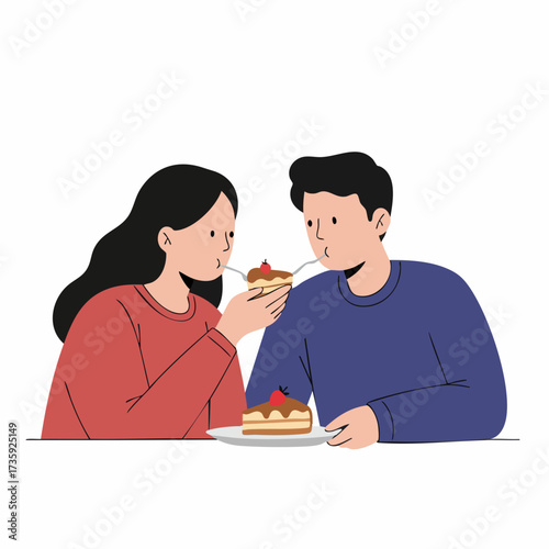 Flat Illustration Romantic Couple Sharing Cake Sweet Dessert Moment