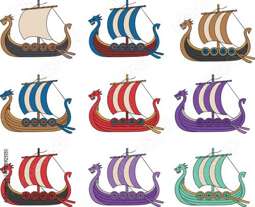 Viking Ship Cartoon Vector Set – Dragon Prow, Colorful Sails, Shield Details, Scandinavian Nautical Theme, Historical Boat Collection Illustration