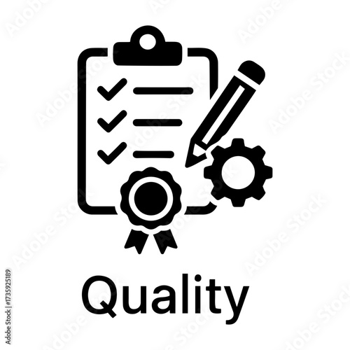 Customer assessment icon  Clipboard with check marks pencil gear and award ribbon depicting quality control