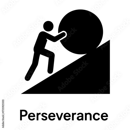 Customer assessment icon vector Stick figure pushing a large ball uphill against a steep incline in black and white