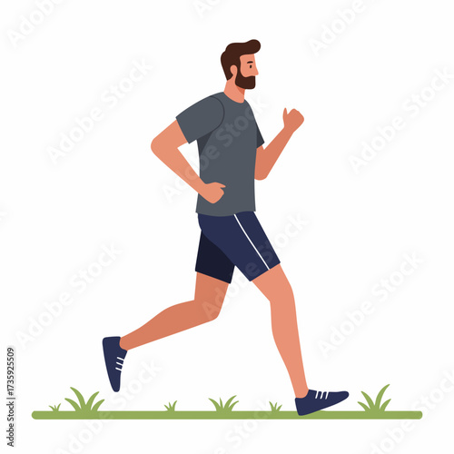 Flat Illustration of Healthy Man Running in Nature Exercising Outdoors