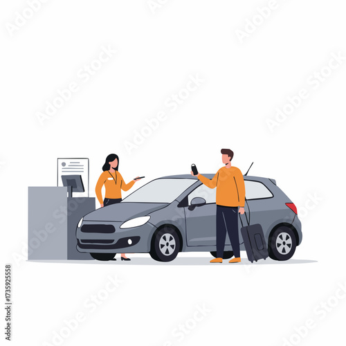 Flat Design Illustration Man Renting a Car at Rental Service