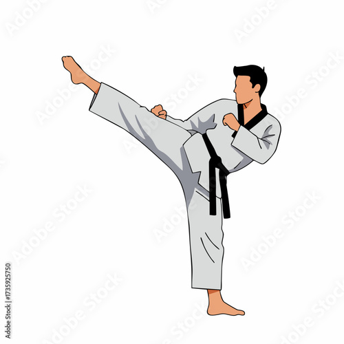 Flat Illustration of Man Performing a Taekwondo Kick Sport Activity