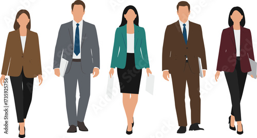 Business people, professional colleagues, workplace diversity, office teamwork, walking forward, corporate lifestyle, leadership concept, business attire, collaboration success, modern workplace