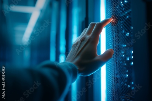 Hand touching illuminated panel in modern server room