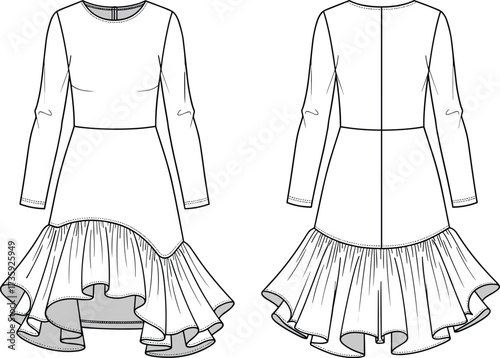High low hem ruffle dress technical flat sketch, long sleeve fashion cad drawing, vector dress template, front and back design