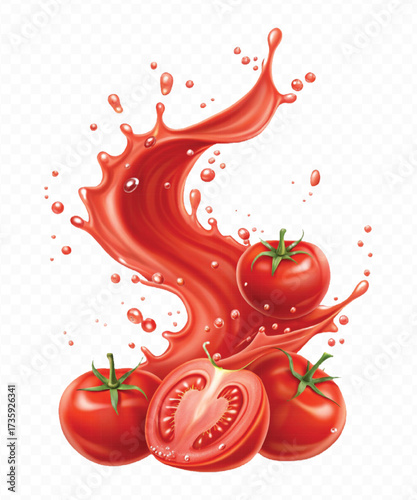 realistic 3d red tomato juice or ketchup sauce splashes in different style isolated on transparent background