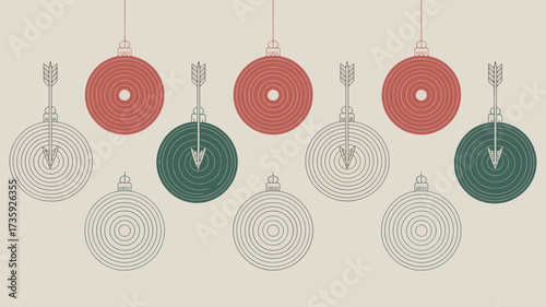 Ornaments hanging with arrows through them in a patterned design with red green and white colors