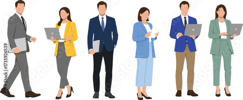 Business professionals illustration, diverse office workers with laptops and tablets, teamwork, corporate lifestyle, technology integration, modern workplace vector design