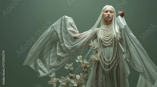 albino witch standing on plain green background