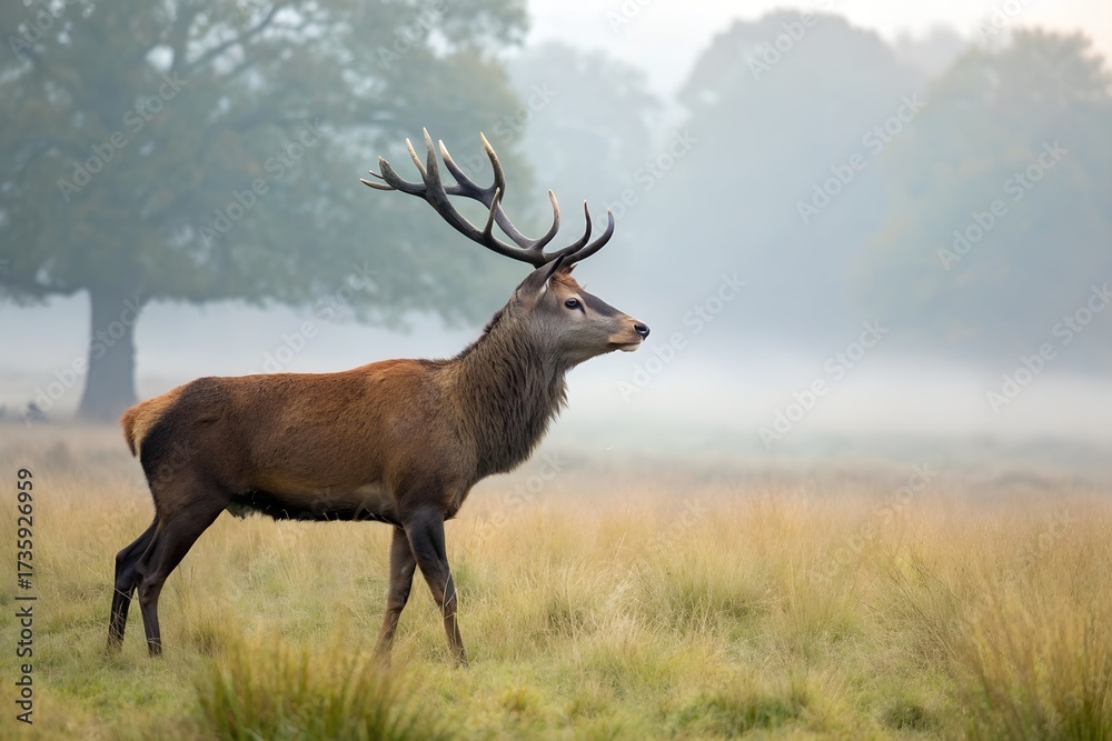 Fototapeta premium Majestic red deer with large antlers standing in a misty field with dry grass and trees in the background
