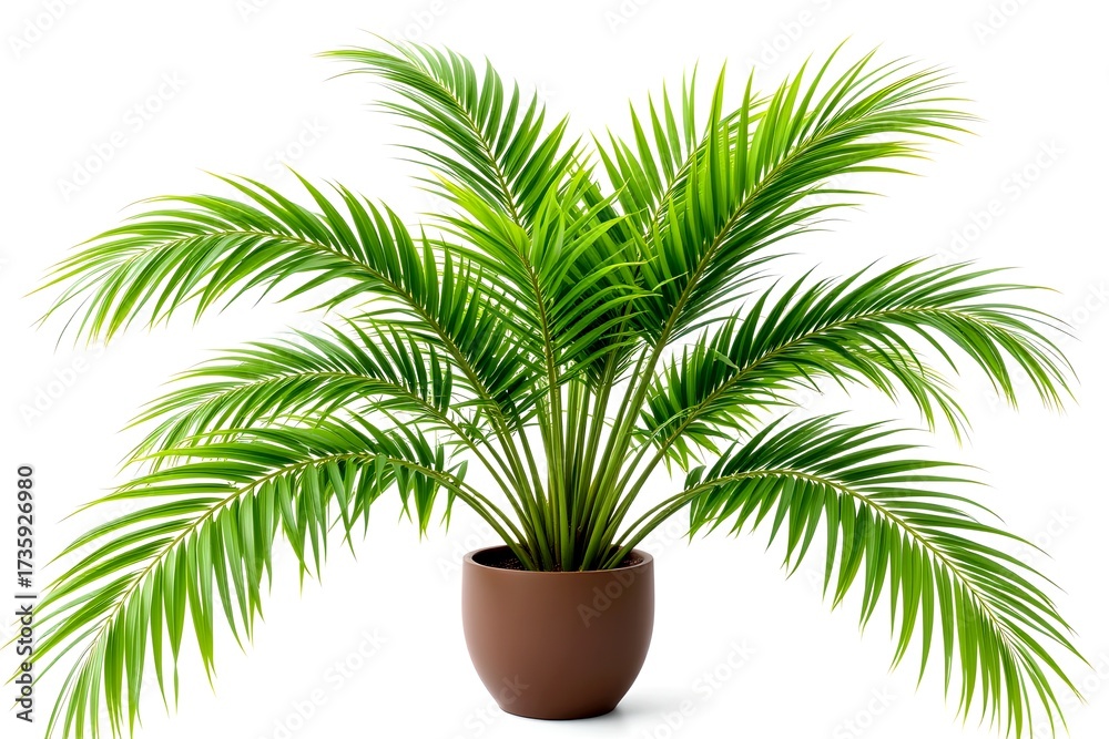 Obraz premium A vibrant green palm tree thriving in a brown pot, exuding a sense of tropical elegance. The plant's lush leaves fan out gracefully