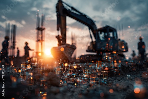 Construction site scene with an excavator silhouetted against the sunset, workers