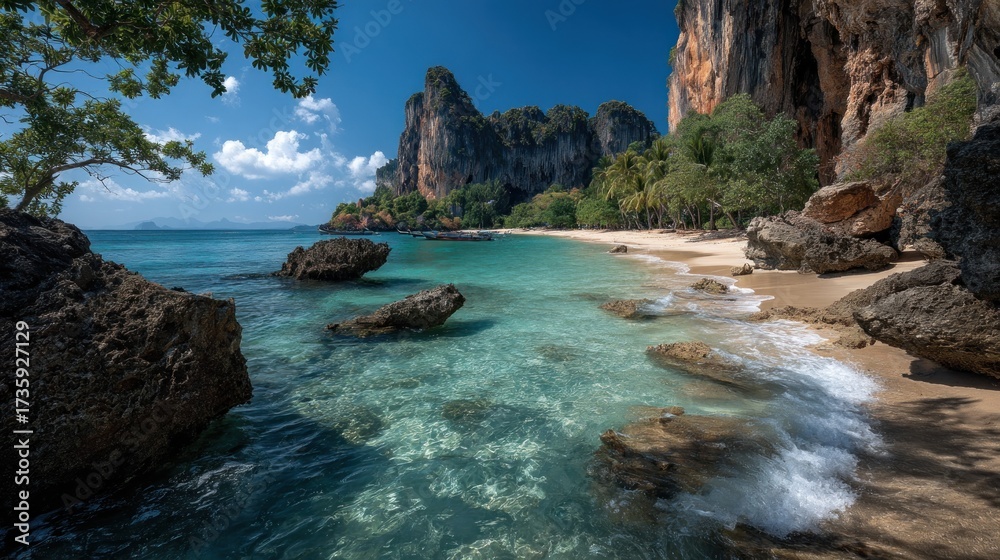 Naklejka premium Idyllic Seascape with Turquoise Waters and Majestic Cliffs in Thailand