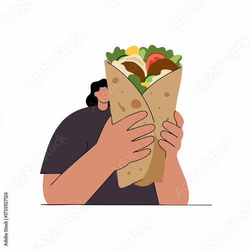Flat Illustration Woman Holding Delicious Shawarma Wrap Middle Eastern Cuisine
