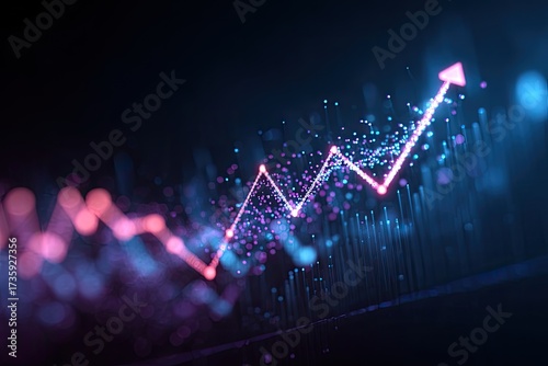 Digital glowing ascending arrow composed of points against a dark background, representing growth