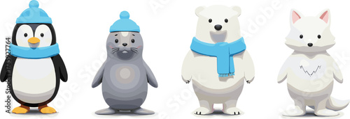 Cartoon arctic animals, cute penguin, happy seal, smiling polar bear, friendly arctic fox, winter wildlife illustration, educational clipart, children learning design