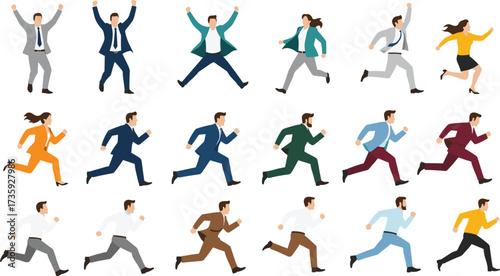 Cartoon business people, running office workers, celebrating employees, teamwork illustration, corporate motivation, workplace competition, career 