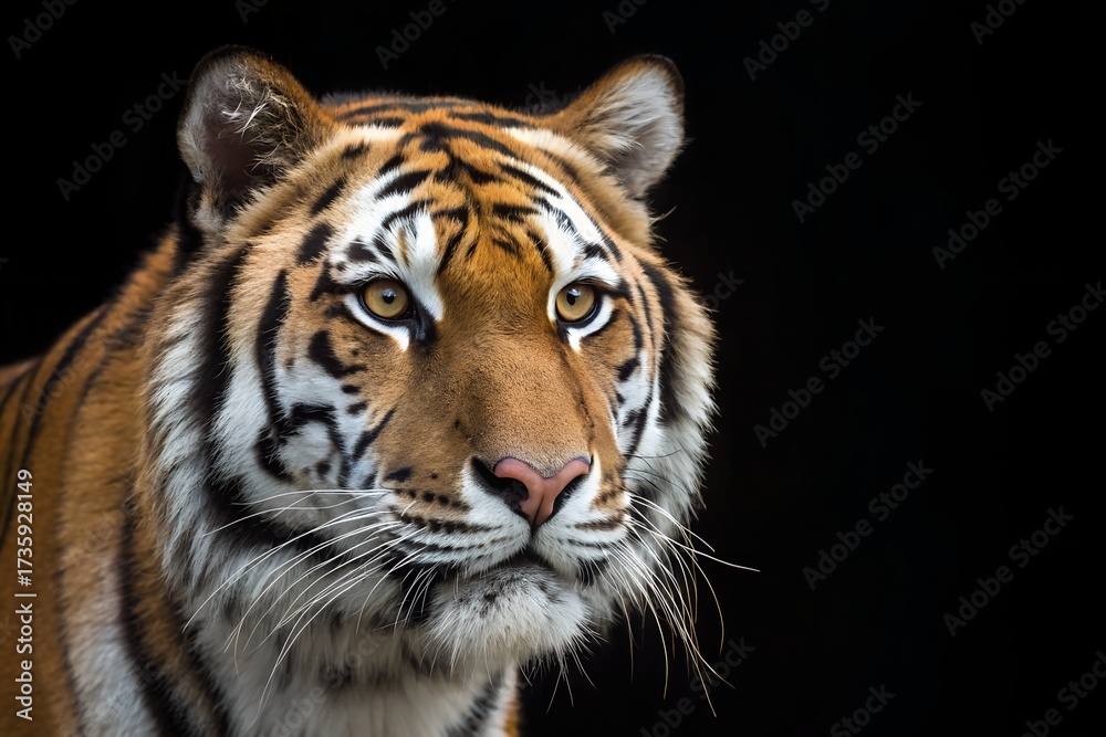 Fototapeta premium Majestic tiger's intense gaze captured in a striking wildlife portrait, showcasing the raw beauty of this magnificent predator in its natural element