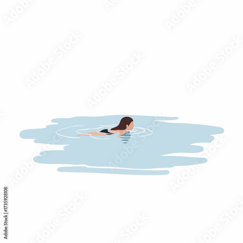 Flat Illustration Young Woman Swimming in a Lake on Summer Day
