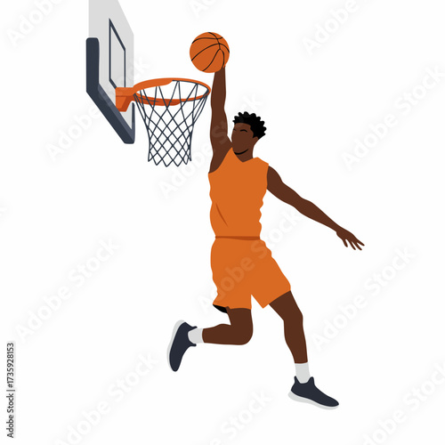 Minimalist Flat Illustration Basketball Player Dunking Ball into the Hoop Sport