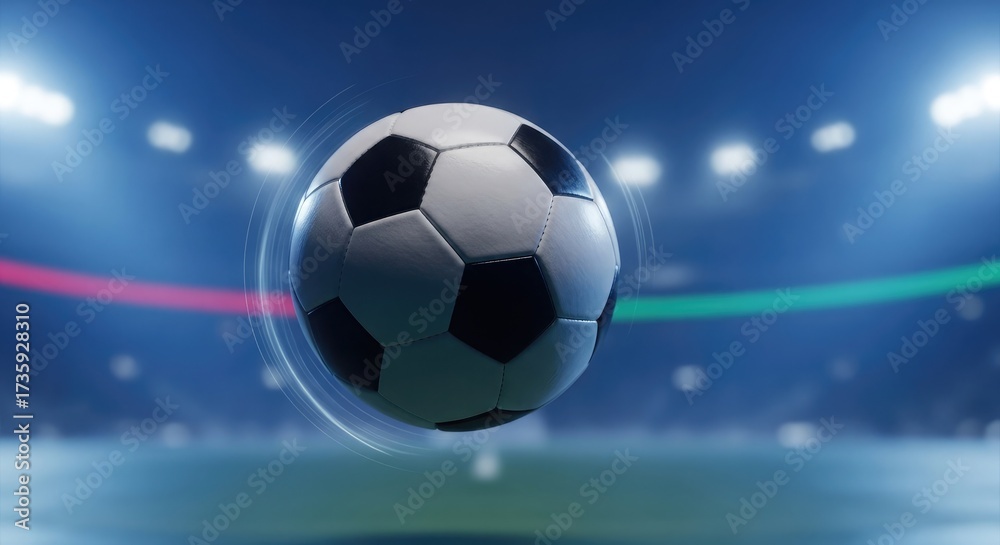 Fototapeta premium White and black leather soccer ball on a stadium field under the bright sport lights before the big game