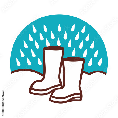 White rain boots under a teal umbrella with falling raindrops