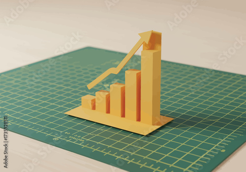 A yellow papercraft bar chart with an upward trending arrow symbolizing growth on a green grid mat.