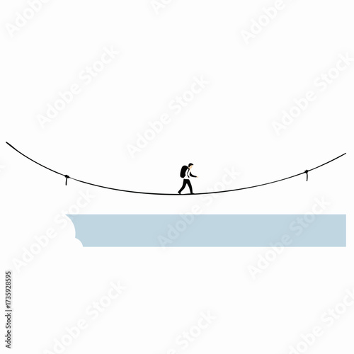 Minimalist Line Art Man Walking On Tightrope Above Water Illustration