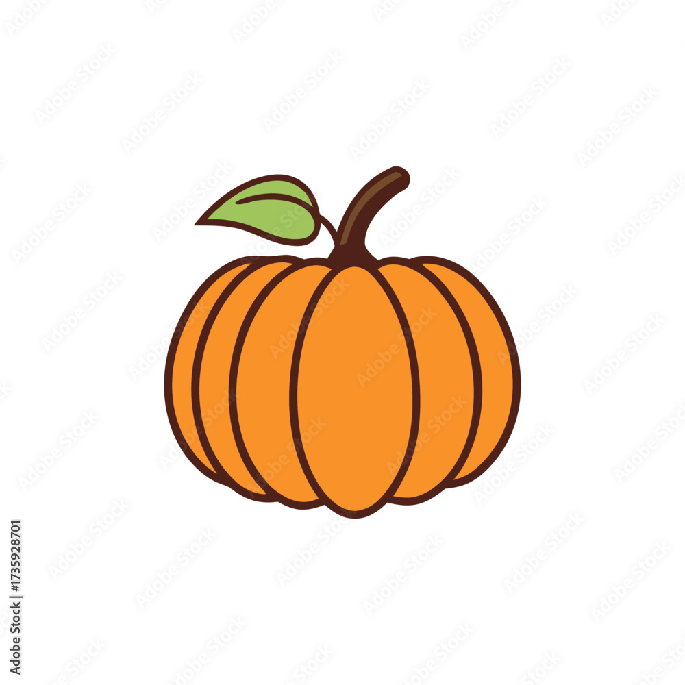 Obraz premium Simple orange pumpkin with green leaf and brown stem