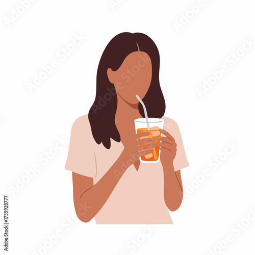 Minimalist Flat Style Woman Holding Iced Drink Illustration Graphic Asset
