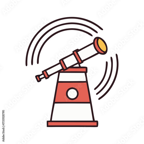 Stylized telescope on a stand with wavy lines