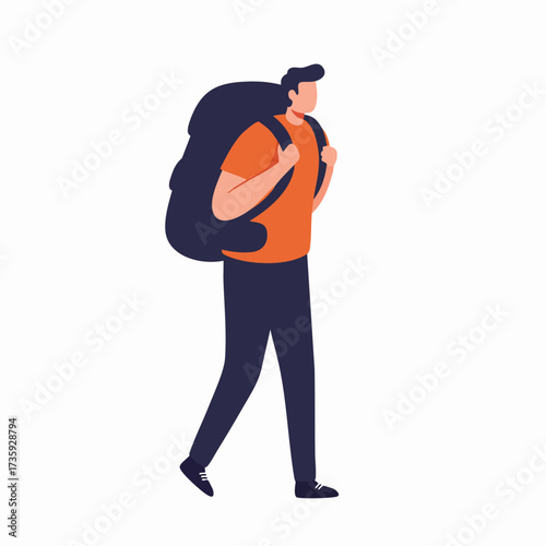 Modern Flat Style Full Body Traveler Man Walking with Backpack Illustration