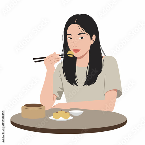 Flat Illustration of Young Woman Enjoying Dim Sum Meal in Restaurant