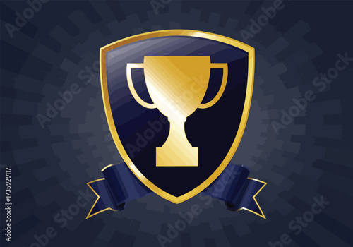 Golden champion trophy cup on a dark blue shield with a ribbon, representing success and victory.