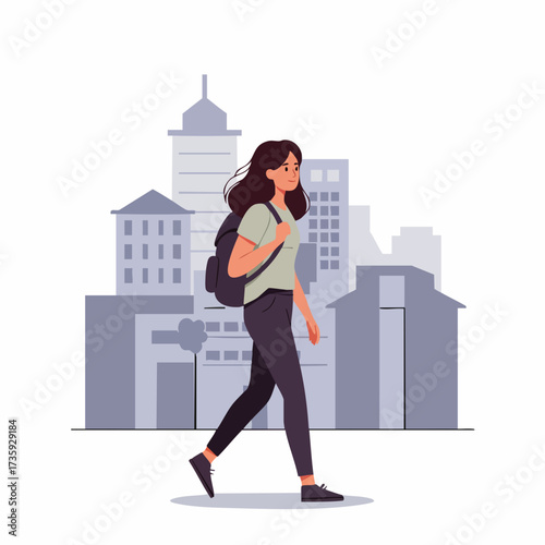 Flat Illustration of Woman with Backpack Walking in Urban Cityscape
