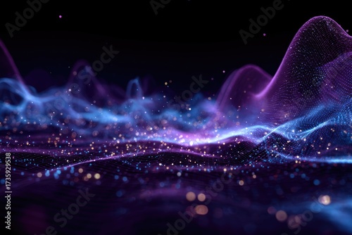 Abstract purple and blue digital waves with sparkling light particles, dark background