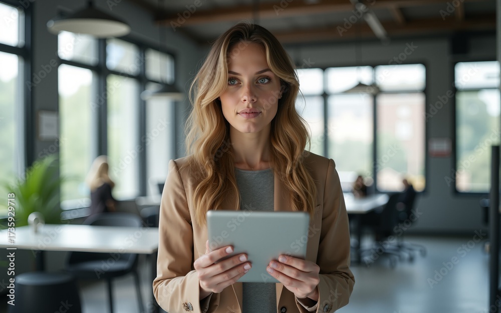 Fototapeta premium Curious woman holding tablet in modern office. High quality