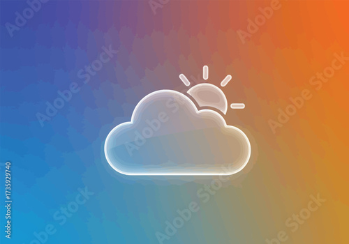 A translucent, glowing weather icon depicting a partly cloudy day on a vibrant blue and orange gradient.