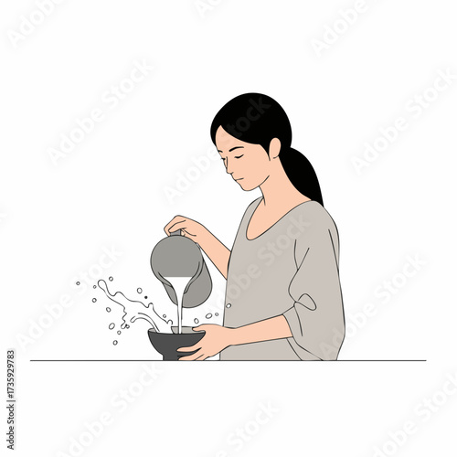 Minimalist Line Art Woman Pouring Liquid Into Bowl Illustration