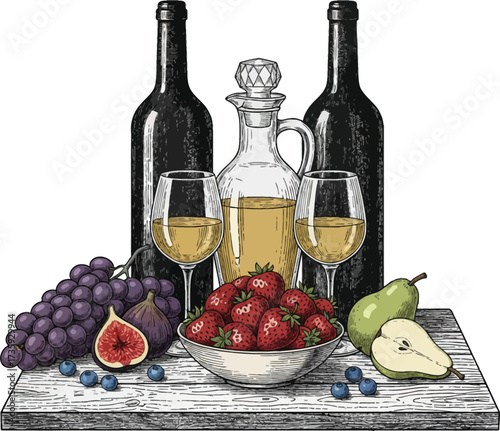 Still life of wine bottle glass and grapes with cheese and basket on table