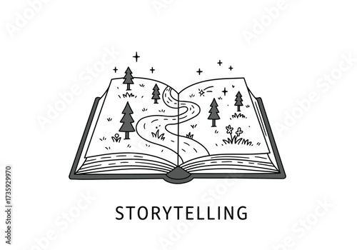 An open book reveals a magical landscape with a winding path, symbolizing storytelling, imagination, and adventure.