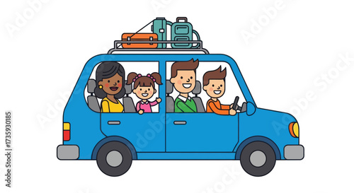 Photos Cartoon Family Road Trip in Blue Car with Luggage on Top.