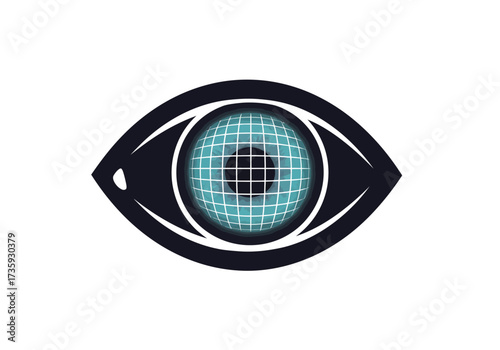 A stylized eye with a gridded globe as its iris, symbolizing global vision, technology, and surveillance.