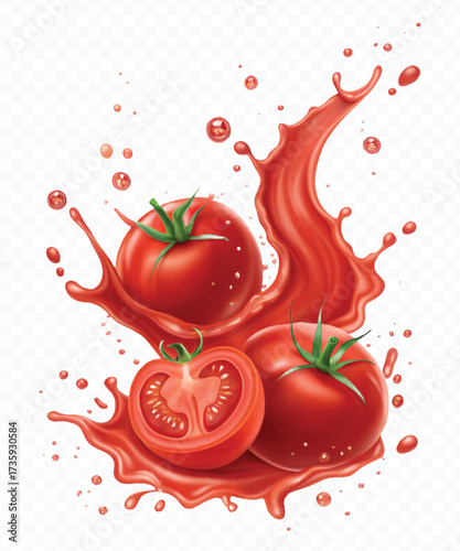 realistic 3d red tomato juice or ketchup sauce splashes in different style isolated on transparent background